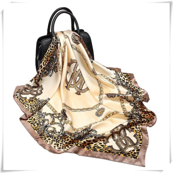Accessories - ❤️5/$15💚 Animal Print and Chains Cream Tan Gold Satin Square Scarf Hair Tie